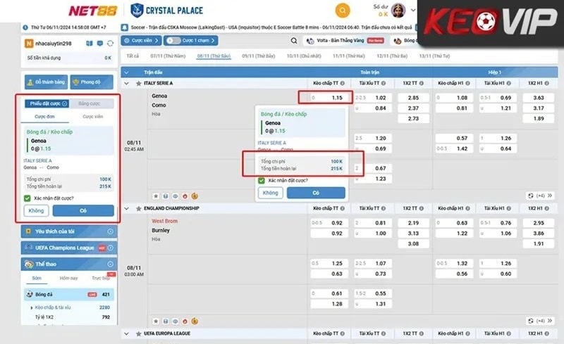 Ví dụ về tỷ lệ Hongkong trong trận đấu Genoa vs Como